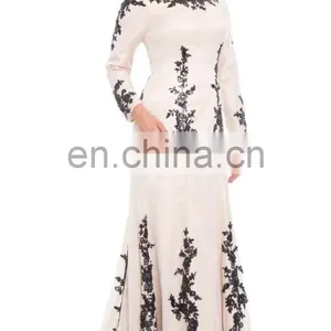 China OEM Long Sleeve Muslim Evening Dress Sequined Silk Beige Muslim Women Formal Dress, Muslim Evening Gown With Wrap Hijab thumbnail-4