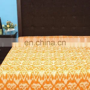 Yellow Ikat Queen Kantha Quilt Ikat,Indian Sari Queen Bedding Blanket thumbnail-1