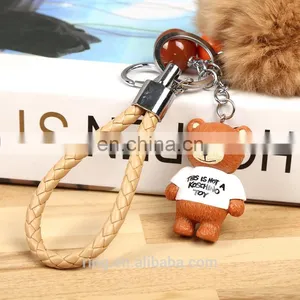 Rabbit Fur Ball WIth Bear Pendant Pom Pom Keychain With Leather Cord thumbnail-3