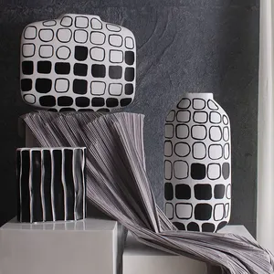 Minimalism Hand Paint White Black Stripe Grid Ceramic Flower Vase For Showroom Decor thumbnail-4