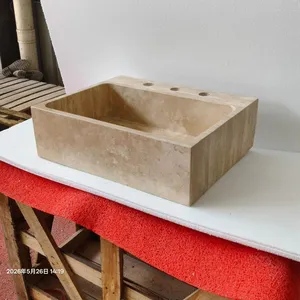 High Quality Rectangular Travertine Marble Factory Custom Vessel Sink Handmade Stone Vanity Bathroom Basin Hotels Villas Garden thumbnail-3