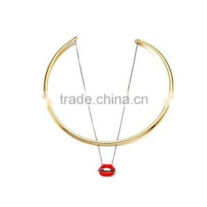 2016 Fashion Women Punk Necklaces Charm Party Gold Plated Red Lip Necklace Choker Collar Necklace thumbnail-3