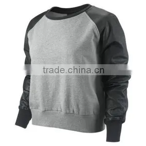 2014 Crewneck Sweatshirt With Leather Sleeves,Fleece Hooded Sweatshirts With Leather Sleeve thumbnail-1
