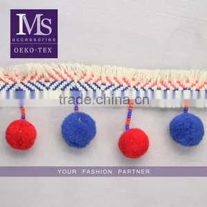 Newest Arrival Colorful 6.5cm Width Handmade Cotton Pom Pom Lace Trims thumbnail-1
