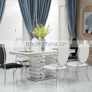 Customized Silver Luxury Stainless Steel Marble Top Dining Table Set for 6 People thumbnail-1