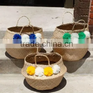 Colorful Pompom Seagrass Beach Bag With Handle thumbnail-1