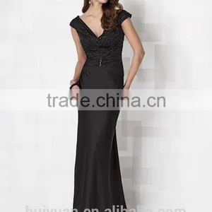 Black Satin Beaded v Neck Cap Sleeve Wedding Guest Dresses thumbnail-1