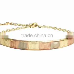 Three Tone Plated Bangle Bracelet With Extension Link Chain thumbnail-1