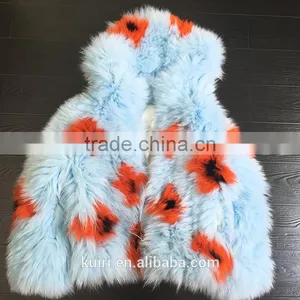 Brand Design Fox Fur Knited Woman Real Colorful Fox Jacket Long Sleeves With Hoood thumbnail-3