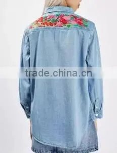 Runwaylover EY2349B Europe Style 2017 Ladies Embroidery Washed Denim Blouse thumbnail-2