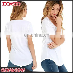 China Factory Custom Printing Short Sleeve Girl Cotton T Shirt V-neck White Tee Woman Lady Shirt thumbnail-1