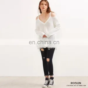 Newest Design White Cold Shoulder V Neck High Low Sweater thumbnail-2