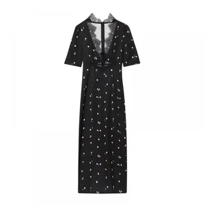 2025 New Fashionable Elegant Women's Dress With Lace Splice, V-Neck, and Puff Sleeves thumbnail-4