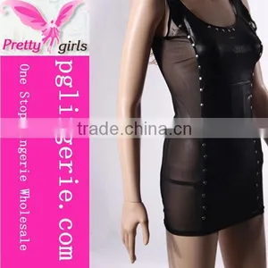 Sexy Adult PVC Leather Wet Look Black MINI Dress Black Rivet Bra Clubwear thumbnail-2