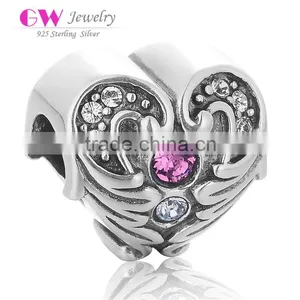 X284 Wholesale Micro Crystal Paved Charm,925 Sterling Silver Heart Charms With Angel Wing thumbnail-1
