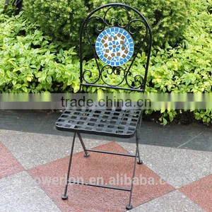 Mosaic Bistro Set Blue Pattern Black Wrough Iron KD Table Folding Chair thumbnail-3
