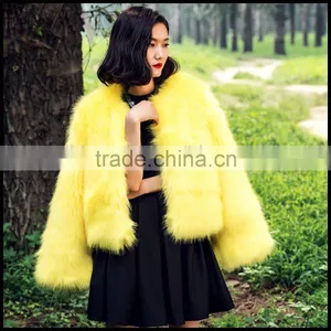 2015 High Fashion Young Ladies Short Styles Yellow Coats Faux Fox Fur Coat for Winter Stylish Overcoat thumbnail-3