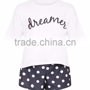 Custom Logo Print Loose Top Short Sleeve With Dots Shorts Causal Pajama Set Ladies Pyjama Set thumbnail-3