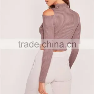 High Waist Short Style Women Knitted Crop Zip Through Cold Shoulder Crop Jumper Purple thumbnail-3