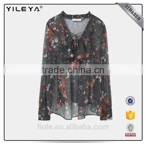 2017 Women Fashion Ruffle Blouses Custom Floral Printing Women Tops thumbnail-1