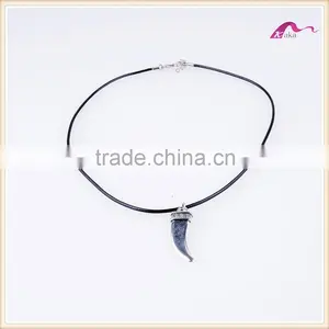 Fashion Wholesale Leather Rope Silver Horn Pendant Choker Necklace thumbnail-1
