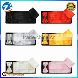 Fashion Plain Satin Men Bowtie Pocket Square Hanky Cummerbund Set thumbnail-1