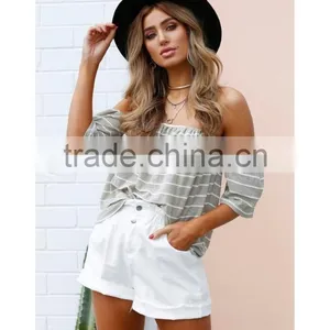 Summer Beach Clothing Khaki White Stripe Off Shoulder Top Women thumbnail-2