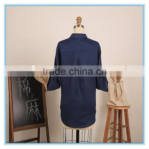 Fashion Women Vintage Linen Cotton Long Sleeve Demin Dress Shirt thumbnail-3