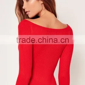 MGOO High Quality Long Sleeves Bardot Bodysuits Slash Neck Cold Shoulder Tops Women Tops Rib thumbnail-6