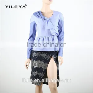 Long Sleeve Blue Women Blouse Patch Work Designs With Bow in Front thumbnail-1