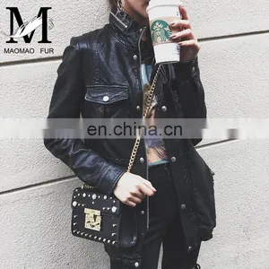 High Quality Popular Young Women Real Sheep Leather Garment Spring Ladies Long Black Coat thumbnail-3