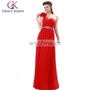 One Shoulder Flower Red Long Grace Karin Chiffon Bridesmaid Dress CL4411 thumbnail-1