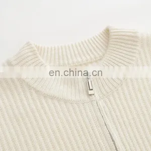 Custom Women's Solid Color Winter Cardigan Knitted Stand Collar Casual Zipper Sweater With Pockets Decoration Made From Cashmere thumbnail-3