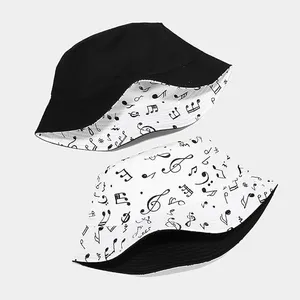 Music Note Print Reversible Bucket Hat Solid Black Double Sided Fisherman Cap Custom Logo Sun Hat for Music Lovers thumbnail-3
