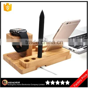 Keno Bamboo Dual Charging Stand Cradle With Pen Holder for Apple Watch, for IPhone for IPad thumbnail-1