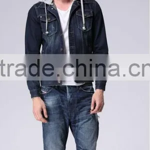 Denim Jacket Shop Fashion Plain Zipper Men's Denim Jacket With Fleece Hoody thumbnail-3