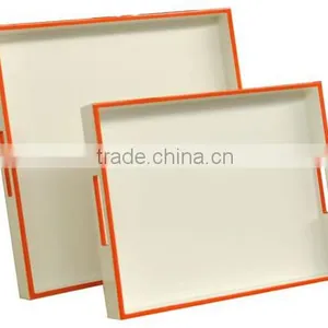 Rectangle White and Orange Edge Lacquer Wood Serving Tray Table Made in Vietnam thumbnail-1