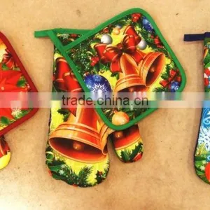 Digital Printing Fabric Kitchen Set Oven Mitten Pot Holder Apron Set thumbnail-2