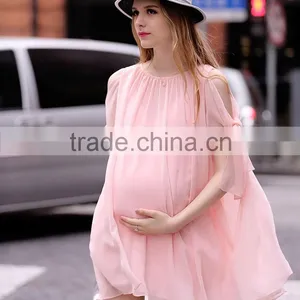 AboveKnee Chiffon O-neck Maternity Dresses for Pregnant Woman Summer thumbnail-3