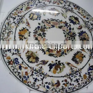 White Round Marble Stone Inlay Dinning Table Top Pietra Dura Table Top thumbnail-3
