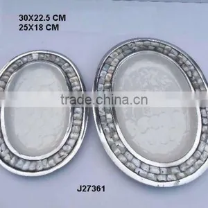 Cast Aluminum Oval Tray With Food Safe Enamel and Mother of Pearl Mosaic Border thumbnail-1