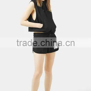 Cropped Top Hoodie Women Sleeveless Plain Dyed Black Cropped Hoodies Wholesale Custom Made thumbnail-4