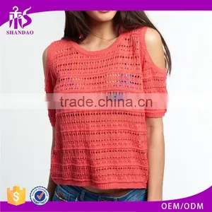 Shandao Factory Summer New Arrivals Casual Round Neck Short Sleeve Off Shoulder See Through Orange Lace Sexy Weatern Tops Ladies thumbnail-1