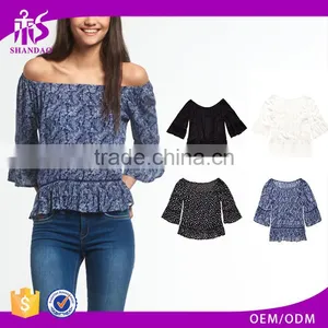 2017 Guangzhou Shandao Latest Fashion Summer Design 3/4 Flare Sleeve Round Neck Printed Loose Ladies Chiffon Tops thumbnail-1