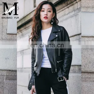 Fashion Cool Zip Front Black Leather Jacket Woman / Real Sheep Skin Jacket Leather / Leather Motorcycle Jacket thumbnail-3