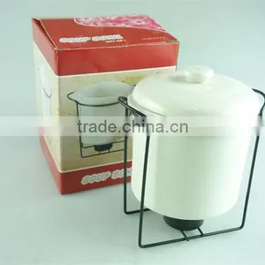 Samll Round White Ceramic Soup Tureen With Lid , Stock Cheap Ceramic Tureen With Black Iron Part thumbnail-1