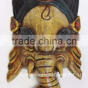 Hand Crafted Wooden Mask of Hindu Lord Ganesh Wall Hanging Made In Nepal thumbnail-1