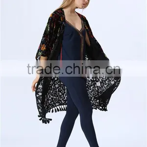 Colourful Burnout Velvet High Quality Fabric Women Kimono Cardigan With Tassel Hem Detail thumbnail-4