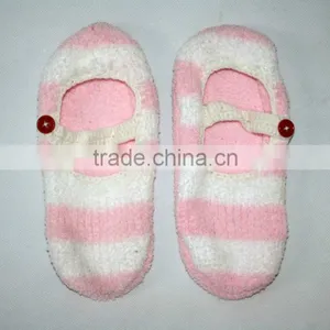 Polyester Pink White Striped Fuzzy Buttons no Slip Socks thumbnail-1