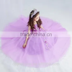 New Arrival Violet Ball Gown Tulle Girls Long Wedding Dress Sleeveless Embroidery Flower Handmade Beaded Purple Prom Party Dress thumbnail-2